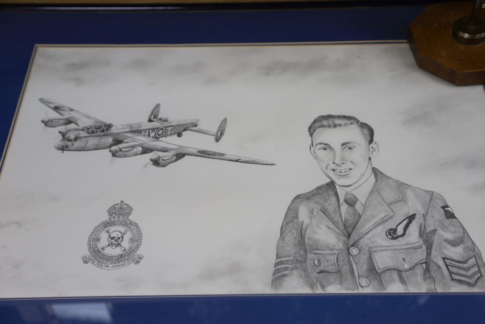 Royal Airforce Interest: A bronze model of a Beau Fighter, a framed drawing of a royal engineer and a badge and a Lancaster bomber